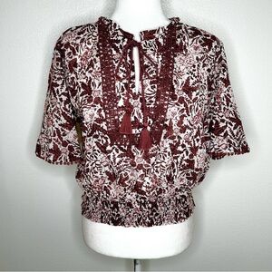 Ann Taylor Weekend Womens Cream & Brown Floral Crochet Tassel-Tie Boho Top L EUC